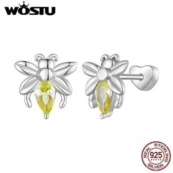 WOSTU стерлингового серебра 925 пробы, мини-серьги в виде пчелы, простые милые желтые циркониевые серьги-гвоздики с насекомыми для женщин, модные серебряные украшения 925 silver