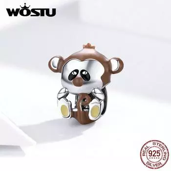 WOSTU Стерлингового Серебра 925 пробы Непослушные Обезьяна Животные Бусины Коричневые Подвески Подходит Оригинальный Браслет Ожерелье