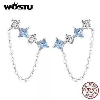 WOSTU стерлингового серебра 925 пробы нежные синие и белые квадратные серьги-цепочки с кубическим цирконием для женщин ювелирные изделия подарок на день рождения 925 silver