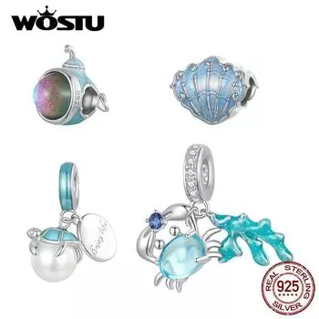 WOSTU стерлингового серебра 925 пробы подвески в виде ракушек подводная лодка бусины краб и подвеска из морских водорослей подходит для оригинального браслета DIY ювелирные изделия A
