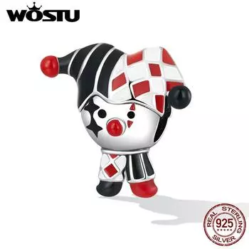 WOSTU Стерлингового Серебра 925 пробы Покер Клоун Шарм Красный Черный Эмаль Бусина Подвеска Подходит Оригинальный Браслет Модные Ювелирные Изделия DIY 925 silver