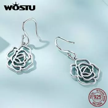 WOSTU стерлингового серебра 925 пробы полые простые романтические розы серьги-крючки женские модные свадебные украшения