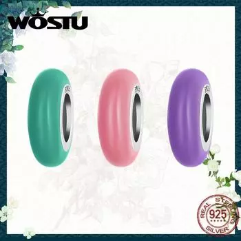 WOSTU стерлингового серебра 925 пробы, простые фиолетовые, зеленые и розовые эмалированные серебряные силиконовые бусины-шармы для женщин, ювелирные аксессуары розовый