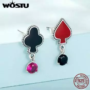 WOSTU стерлингового серебра 925 пробы яркий циркон эмаль лопаты и сердца серьги для покера для женщин ретро индивидуальные украшения 925 silver