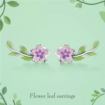 WOSTU стерлингового серебра 925 пробы, растения, фиолетовый, розовый цветок, зеленый лист, серьги-гвоздики для женщин, модные вечерние ювелирные изделия, подарок 925 silver