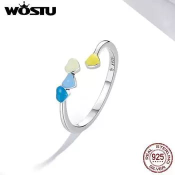 WOSTU Стерлингового Серебра 925 пробы Регулируемые Радужные Красочные Звезды Любовь Сердце Роза Открытые Кольца Для Женщин Женские Оригинальные Ювелирные Изделия CQR769