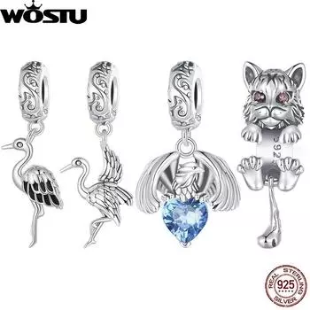 WOSTU стерлингового серебра 925 пробы ретро дикое животное журавль подвеска рысь кошка орел подвески окисленные бусины подходят для оригинального браслета DIY подарок SCC2634