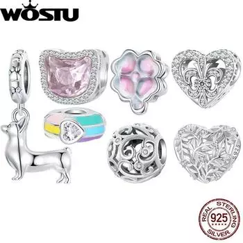 WOSTU Стерлингового серебра 925 пробы, Ретро фианиты, листья растений, подвеска, Радуга, четырехлистный клевер, стопорные бусины, подходят для оригинального браслета, розовый подарок «сделай сам»