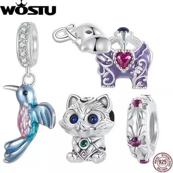WOSTU Стерлингового Серебра 925 пробы резной подвеска в виде слона винтажная бусина с изображением животного, эмаль, птица, подходит для оригинального браслета, красочный подарок SCC2756