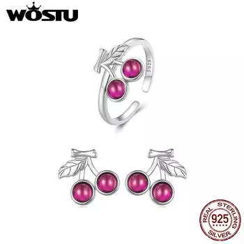 WOSTU стерлингового серебра 925 пробы романтические нежные вишневые кольца серьги комплект ювелирных изделий для женщин подарок на годовщину изящных ювелирных изделий 925 silver