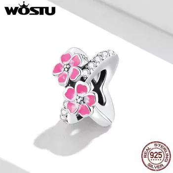 WOSTU стерлингового серебра 925 пробы розовый цветок разделитель бабочка подвеска из бисера подходит оригинальный браслет ожерелье для женщин ювелирные изделия 925 silver