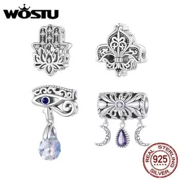 WOSTU Стерлингового Серебра 925 пробы Рука Фатимы Очарование Звезда Винтаж Ирис Бусины Дьявольский Глаз Подвески Подходит Оригинальный Браслет DIY Ювелирные Изделия A