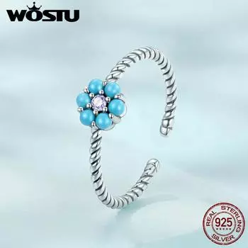 WOSTU Стерлингового Серебра 925 пробы с бирюзовым цветком, регулируемое кольцо для женщин, ювелирные изделия с бирюзовым цирконом 925 silver