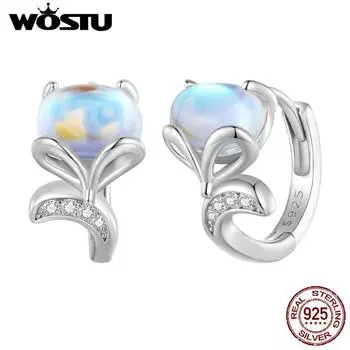 WOSTU стерлингового серебра 925 пробы с лунным камнем, милые лисьи уши, пряжки, серьги-кольца с животными для женщин, прекрасный подарок на день рождения, изящные ювелирные изделия 925 silver серебряный/синий