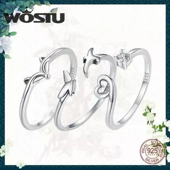 WOSTU стерлингового серебра 925 пробы с милой лисой и птицами, открывающееся кольцо для женщин, модные ювелирные изделия, подарок A