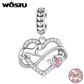 WOSTU стерлингового серебра 925 пробы с милым сердечком и кулоном в форме кота, подвеска из бисера для женщин, подходит для оригинального браслета «сделай сам», ожерелье, ювелирное изделие, подарок 925 silver