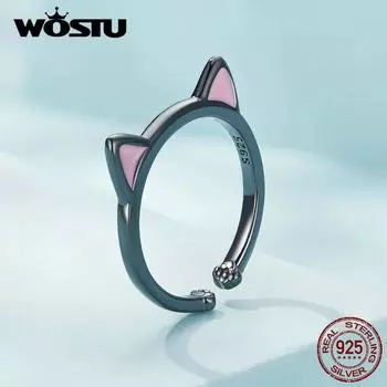 WOSTU стерлингового серебра 925 пробы с милым котом, розовые кольца для открытия ушей для женщин, кольцо с милым животным, кольцо для девочек, уникальное ювелирное изделие на день рождения, подарок