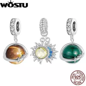 WOSTU стерлингового серебра 925 пробы с натуральными круглыми камнями, подвеска из тигрита, бусины из прозрачного солнца и луны, подходят для оригинального браслета, подарок своими руками SCC2805