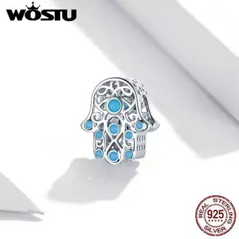 WOSTU Стерлингового Серебра 925 пробы с платиновым покрытием Синий Цирконий Lucky Hand Charm Бусины для оригинальных 3 мм Браслеты и Ожерелья Ювелирные Изделия DIY серебряный