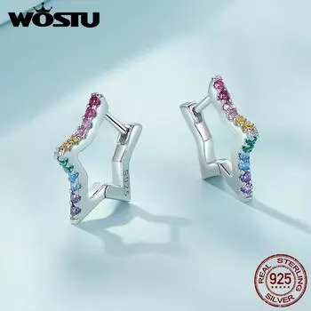 WOSTU стерлингового серебра 925 пробы с радужной звездой, пряжки для ушей, цветные серьги-кольца с цирконием для женщин, вечерние ювелирные украшения, подарок 925 silver