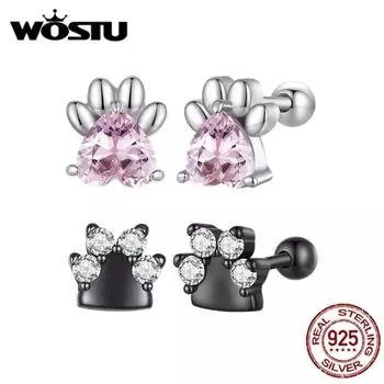 WOSTU стерлингового серебра 925 пробы с розовым цирконом, серьги-гвоздики в виде лапы собаки для женщин, серьги-гвоздики с милым сердечком, циркониевые серьги-гвоздики, ювелирные изделия на день рождения, подарок A розовый