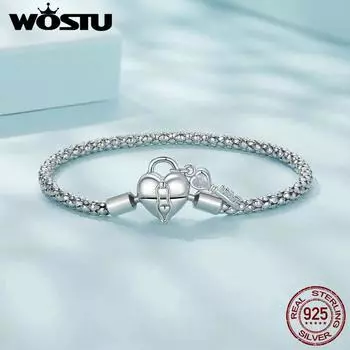 WOSTU Стерлингового Серебра 925 пробы с замком в форме сердца, базовая цепочка, браслет для DIY, очаровательные бусины, звенья цепи в виде змеи, ювелирное изделие, подарок 17 CM