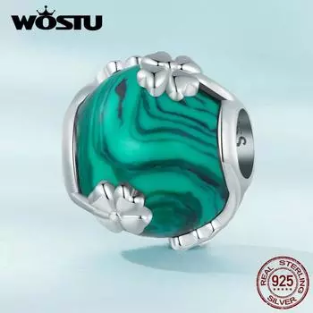 WOSTU стерлингового серебра 925 пробы с зеленой текстурой, четырехлистный клевер, малахитовые подвески, бусины для женщин, оригинальный браслет, ювелирные украшения 925 silver