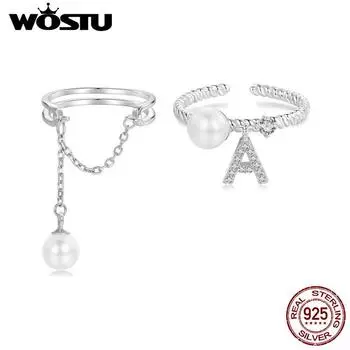 WOSTU стерлингового серебра 925 пробы с жемчугом и кисточкой, открытое кольцо с надписью, штабелируемое кольцо, модное кольцо с цирконием для женщин, изящные ювелирные изделия 3.7mm