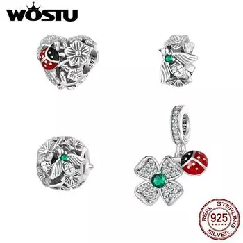 WOSTU стерлингового серебра 925 пробы счастливый четырехлистный клевер божья коровка подвески пчела бусины подходят для оригинального браслета DIY C