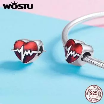 WOSTU Стерлингового Серебра 925 пробы Сердцебиение Сердце Бусины Красная Эмаль Подвески Подходит Оригинальный Браслет Сердце Шарм HCC2252