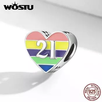 WOSTU Стерлингового Серебра 925 пробы Шарм Радуга Любовь Надпись 21 Подвеска из Бисера Подходит Оригинальный Браслет Ожерелье Для Женщин Ювелирные Изделия 925 silver