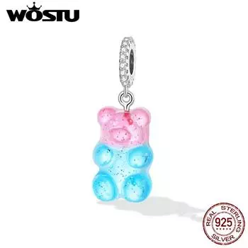 WOSTU стерлингового серебра 925 пробы сине-розовый градиент карамельный медведь подвеска подходит оригинальный браслет ожерелье для женщин ювелирные изделия 925 silver