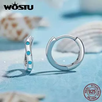 WOSTU стерлингового серебра 925 пробы, синие бирюзовые волнистые пряжки для ушей, геометрические круглые серьги-кольца для женщин, ювелирные украшения с платиновым покрытием 925 silver