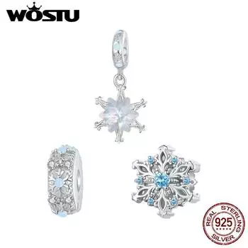 WOSTU Стерлингового Серебра 925 пробы Снежинка Шарм Бусины Ледяной Цветок Подвеска Подходит Оригинальный Браслет DIY Ожерелье Изготовление Ювелирных Изделий Подарок C