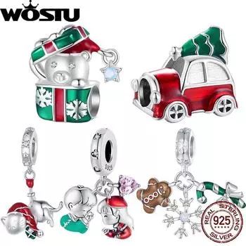 WOSTU Стерлингового Серебра 925 пробы Снежный Сочельник Подвеска Медведь Подарочная Коробка Автомобиль Очарование Прекрасный Кот Подходит Оригинальный Браслет Рождественские DIY Подарки BSC941