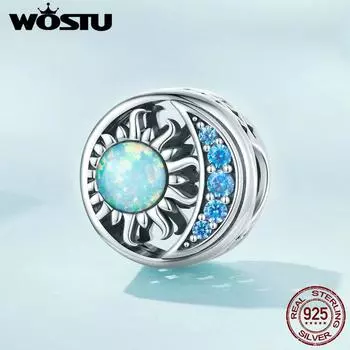 WOSTU Стерлингового Серебра 925 пробы Солнце и Луна Опал Бусина Синий Циркон Луна Подвески для Женщин Браслет и Браслет DIY Изящные Ювелирные Изделия 925 silver