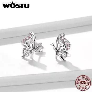 WOSTU стерлингового серебра 925 пробы сверкающие нежные бабочки серьги-гвоздики с цирконом для женщин модные вечерние ювелирные изделия подарок 925 silver