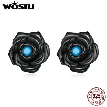 WOSTU стерлингового серебра 925 пробы уникальные винтажные серьги-гвоздики с черной розой для женщин ювелирные изделия для вечеринок 925 silver