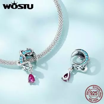 WOSTU стерлингового серебра 925 пробы в полоску змеиный шпагат красный циркон Подвески бусины для женщин подходят оригинальный DIY браслет ожерелье ювелирные изделия 925 silver