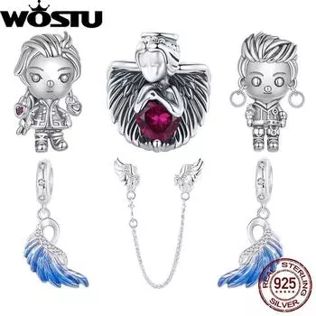 WOSTU стерлингового серебра 925 пробы в стиле панк для мальчиков и девочек, очаровательная эмаль, синие парные крылья, набор, подвеска, подходит для оригинального браслета, сделай сам, угол, ретро-подарок
