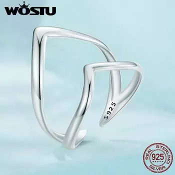 WOSTU стерлингового серебра 925 пробы в стиле панк V-образное открывающееся кольцо двухслойное регулируемое кольцо простые ювелирные изделия для женщин