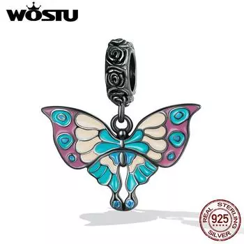 WOSTU стерлингового серебра 925 пробы, винтажная подвеска-бабочка, красочная эмалированная бусина из черного золота, подходит для оригинального браслета, ювелирные изделия 925 silver