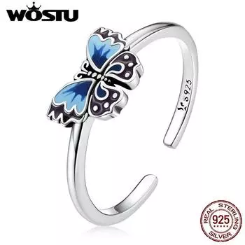 WOSTU стерлингового серебра 925 пробы, винтажные открытые кольца с синей бабочкой и насекомыми для женщин, оригинальные ювелирные изделия 925 silver