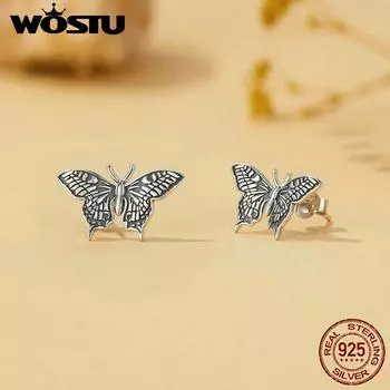 WOSTU стерлингового серебра 925 пробы, винтажные серьги-гвоздики в виде бабочки, женские серьги-гвоздики в стиле ретро, креативные женские серьги-гвоздики, подарок на вечеринку, повседневные украшения 925 silver