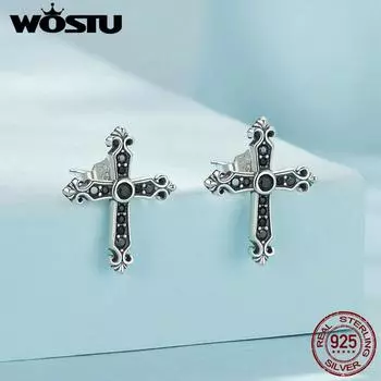 WOSTU стерлингового серебра 925 пробы, винтажные серьги-гвоздики с крестом для женщин, крутой черный циркон, серьги-гвоздики в стиле панк, модные украшения, подарок на вечеринку 925 silver