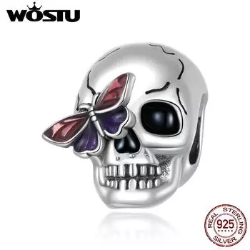 WOSTU стерлингового серебра 925 пробы винтажный череп и бабочка подвеска подходит оригинальный браслет ожерелье для женщин ювелирные изделия 925 silver