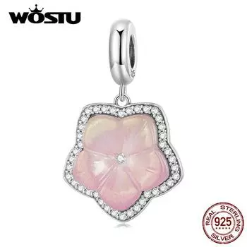 WOSTU стерлингового серебра 925 пробы вишневый цвет подвесные бусины розовый цветок подвески для женщин DIY браслет и ожерелье 925 silver