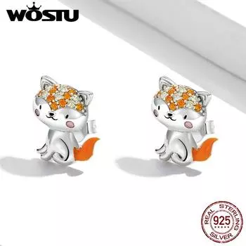 WOSTU стерлингового серебра 925 пробы животное милые оранжевые серьги-гвоздики с лисьими ушками для женщин модные вечерние ювелирные изделия подарок 925 silver