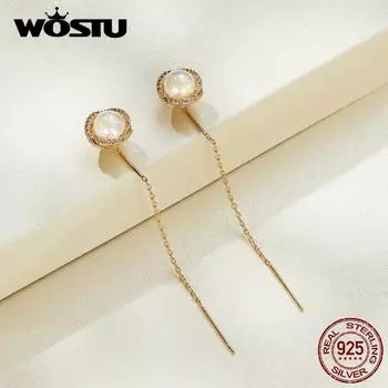 WOSTU стерлингового серебра 925 пробы золотого цвета искусственный жемчуг серьги-нитки для женщин подарок модные украшения