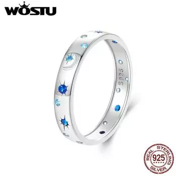 WOSTU Стерлингового Серебра 925 пробы Звезда и Луна Дизайн Кольцо Синий Циркон Для Женщин Высокое Качество Свадебные Украшения Подарок 3.4mm